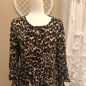Flare-Sleeved Leopard Lace-Up Blouse